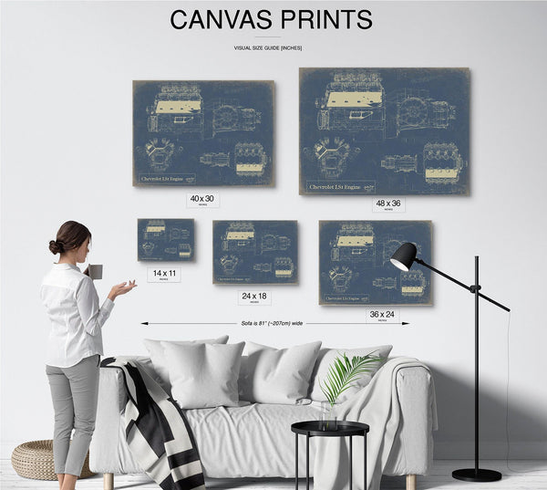 Bella Frye Vintage Chevrolet LS1 Engine Print,  Original Blueprint Canvas
