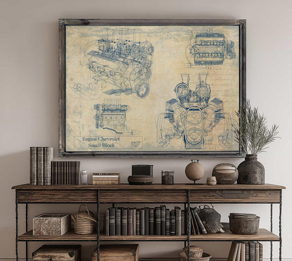 Bella Frye Vintage Engine Chevy Small Block Print,  Original Blueprint Canvas
