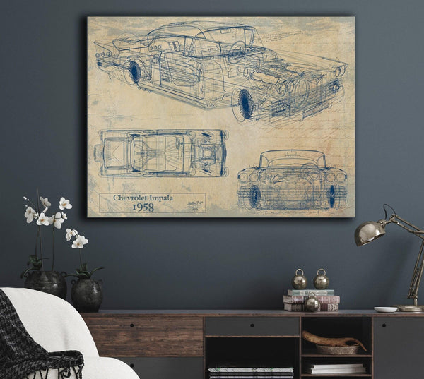 Bella Frye Vintage 1958 Chevrolet Impala Car Blueprint - Gifts for Husband  - Original Vehicle Wall Art