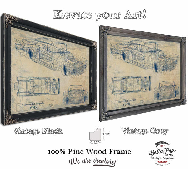 Bella Frye Vintage 1958 Chevrolet Impala Car Blueprint - Gifts for Husband  - Original Vehicle Wall Art