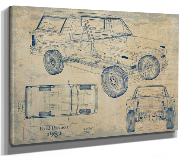 Bella Frye Vintage 1982 Ford Bronco Car Model Print,  Original Blueprint Canvas, Framed, or Unframed Art