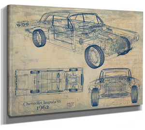 Bella Frye Vintage 1962 Chevrolet Impala SS Car Model Print,  Original Blueprint Canvas
