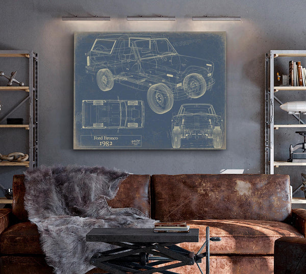 Bella Frye Vintage 1982 Ford Bronco Car Model Print,  Original Blueprint Canvas, Framed, or Unframed Art