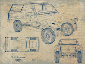 Bella Frye Vintage 1982 Ford Bronco Car Model Print,  Original Blueprint Canvas, Framed, or Unframed Art