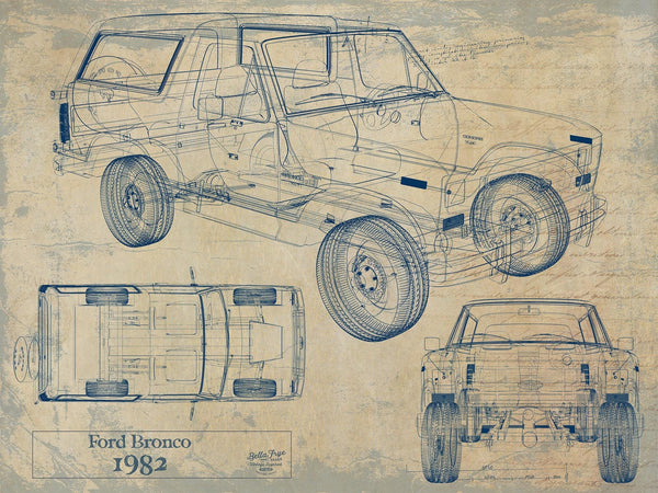 Bella Frye Vintage 1982 Ford Bronco Car Model Print,  Original Blueprint Canvas, Framed, or Unframed Art