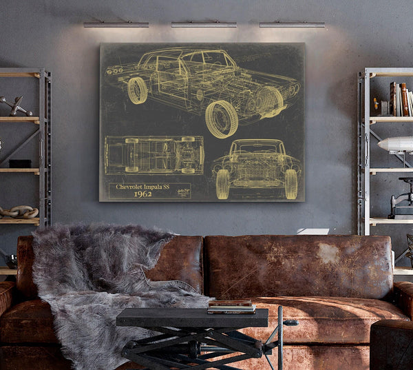 Bella Frye Vintage 1962 Chevrolet Impala SS Car Model Print,  Original Blueprint Canvas