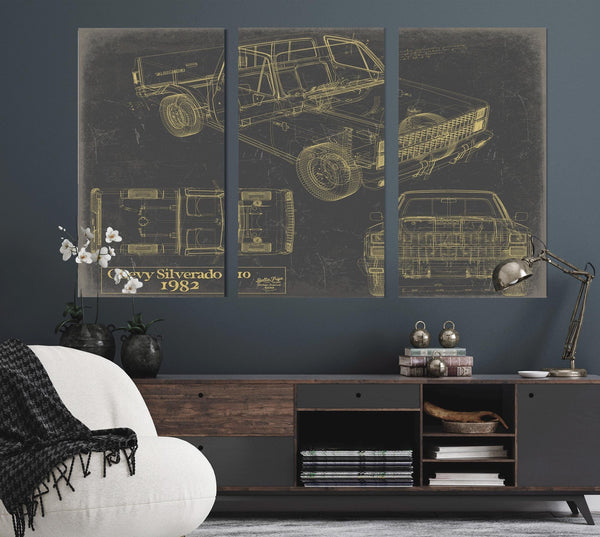 Bella Frye 1982 Chevy Silverado C10 Blueprint Art: Vintage Car Model Print