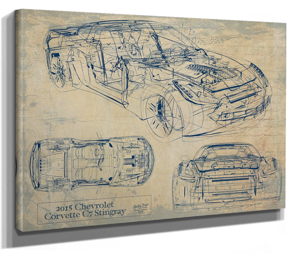 Bella Frye 2015 Corvette C7 Stingray Blueprint Art: Framed Canvas Print