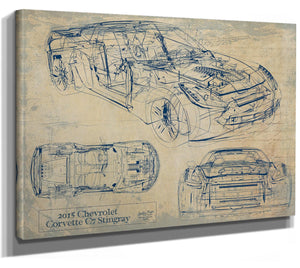 Bella Frye 2015 Corvette C7 Stingray Blueprint Art: Framed Canvas Print