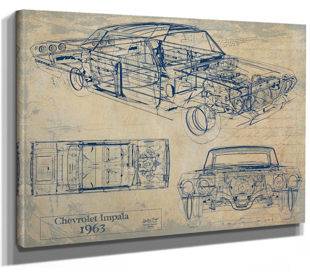 Bella Frye Vintage 1963 Chevrolet Impala Car Model Print,  Original Blueprint Canvas, Framed, or Unframed Art