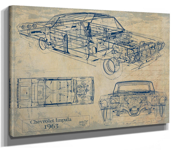 Bella Frye Vintage 1963 Chevrolet Impala Car Model Print,  Original Blueprint Canvas, Framed, or Unframed Art