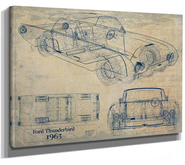 Bella Frye Vintage 1963 Ford Thunderbird Car Model Print,  Original Blueprint Canvas