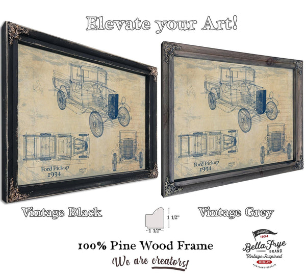 Bella Frye Vintage 1934 Ford Pickup Car Model Print,  Original Blueprint Canvas, Framed, or Unframed Art