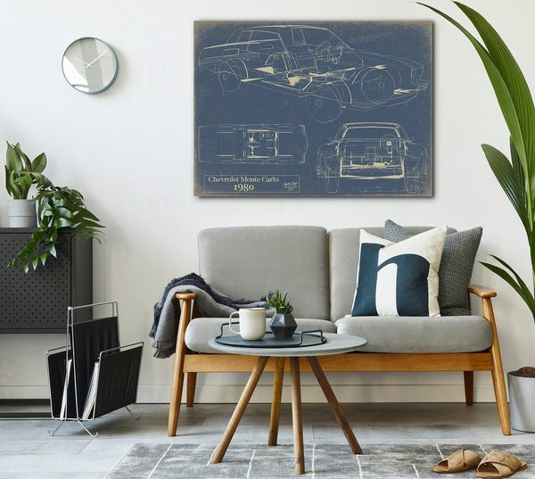 Bella Frye 1980 Chevrolet Monte Carlo Blueprint Art Print: Framed or Unframed Canvas