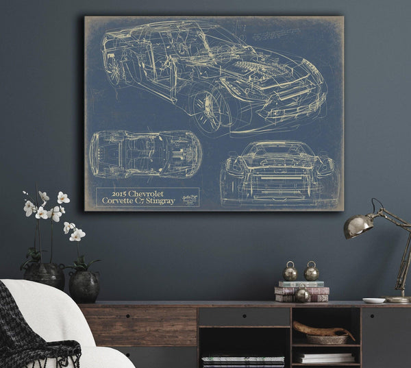 Bella Frye 2015 Corvette C7 Stingray Blueprint Art: Framed Canvas Print