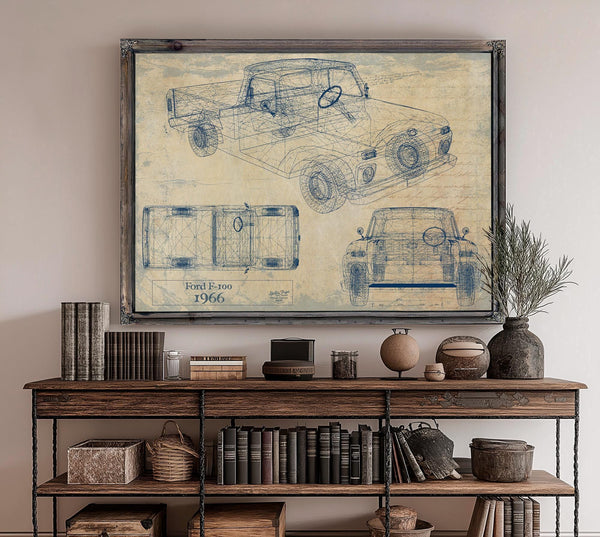Bella Frye Vintage 1966 Ford F-100 Car Model Print,  Original Blueprint Canvas