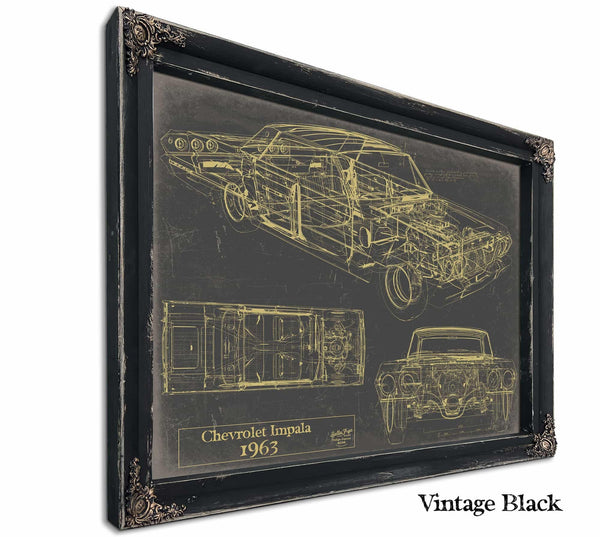 Bella Frye Vintage 1963 Chevrolet Impala Car Model Print,  Original Blueprint Canvas, Framed, or Unframed Art