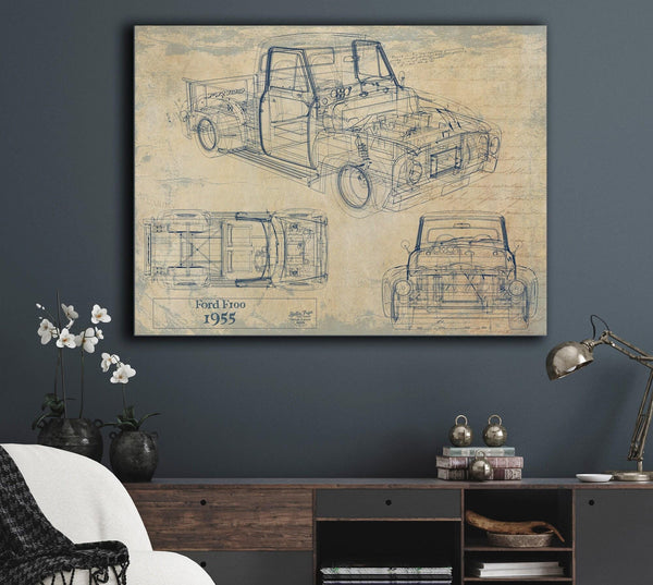 Bella Frye 1955 Ford F100 Truck Model, Original Mancave Blueprint Art