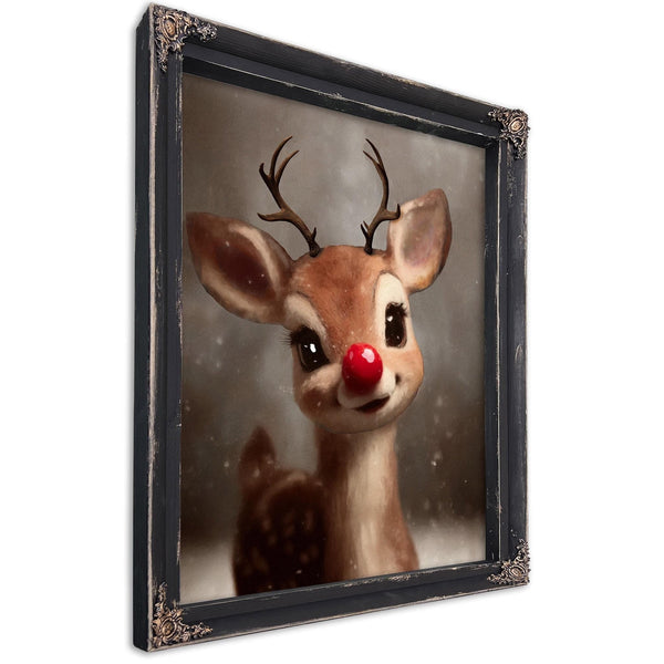 Bella Frye Rudolph Framed Wall Art – Red-Nosed Reindeer in Optional Distressed Black Ornate Frame | Vintage Christmas Decor Canvas Print