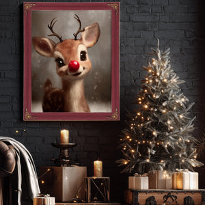 Bella Frye Rudolph Framed Wall Art – Red-Nosed Reindeer in Optional Distressed Black Ornate Frame | Vintage Christmas Decor Canvas Print