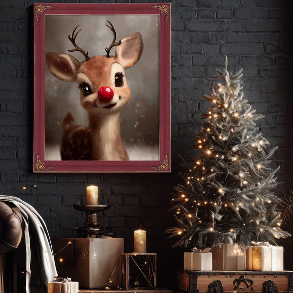 Bella Frye Rudolph Framed Wall Art – Red-Nosed Reindeer in Optional Distressed Black Ornate Frame | Vintage Christmas Decor Canvas Print