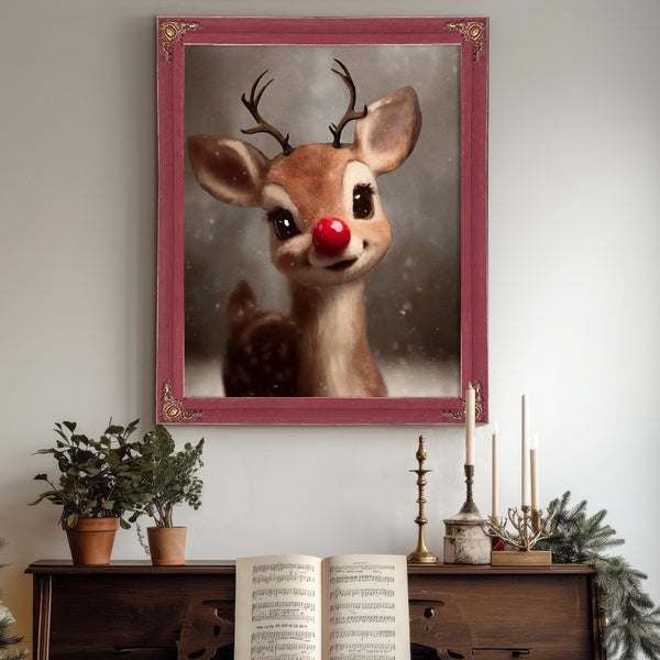 Bella Frye Rudolph Framed Wall Art – Red-Nosed Reindeer in Optional Distressed Black Ornate Frame | Vintage Christmas Decor Canvas Print