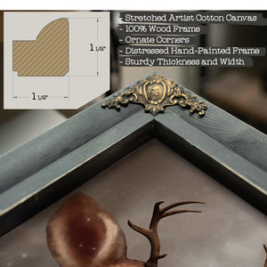 Bella Frye Rudolph Framed Wall Art – Red-Nosed Reindeer in Optional Distressed Black Ornate Frame | Vintage Christmas Decor Canvas Print