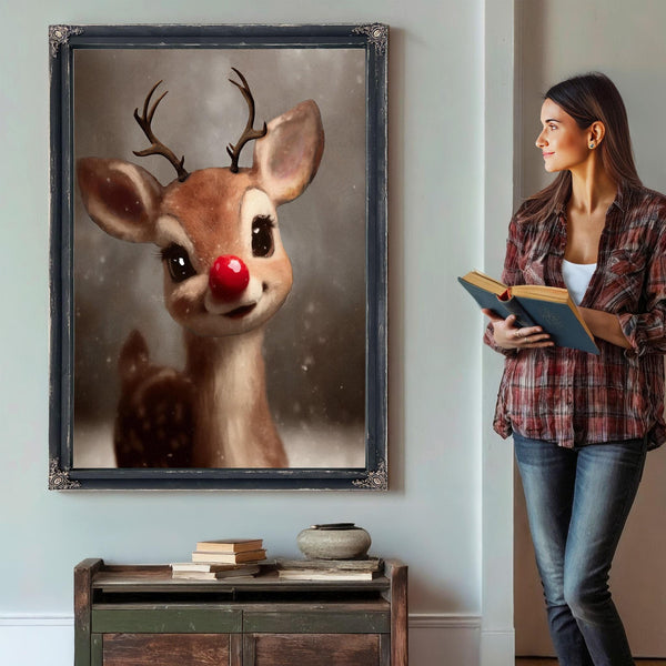 Bella Frye Rudolph Framed Wall Art – Red-Nosed Reindeer in Optional Distressed Black Ornate Frame | Vintage Christmas Decor Canvas Print