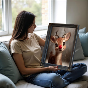 Bella Frye Rudolph Framed Wall Art – Red-Nosed Reindeer in Optional Distressed Black Ornate Frame | Vintage Christmas Decor Canvas Print
