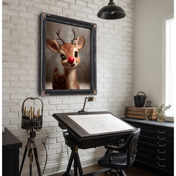Bella Frye Rudolph Framed Wall Art – Red-Nosed Reindeer in Optional Distressed Black Ornate Frame | Vintage Christmas Decor Canvas Print