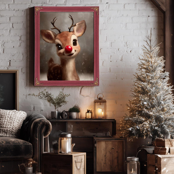 Bella Frye Rudolph Framed Wall Art – Red-Nosed Reindeer in Optional Distressed Black Ornate Frame | Vintage Christmas Decor Canvas Print