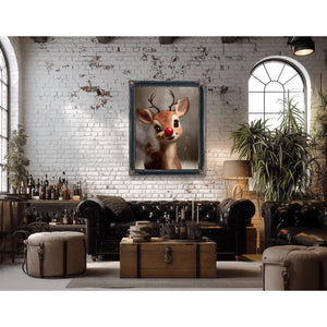 Bella Frye Rudolph Framed Wall Art – Red-Nosed Reindeer in Optional Distressed Black Ornate Frame | Vintage Christmas Decor Canvas Print