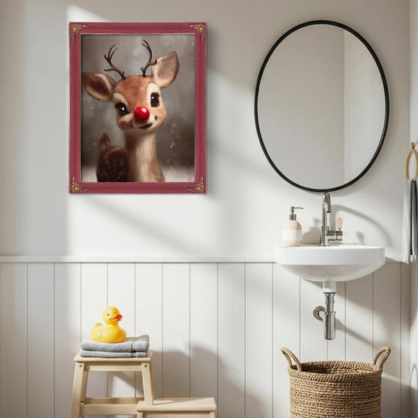 Bella Frye Rudolph Framed Wall Art – Red-Nosed Reindeer in Optional Distressed Black Ornate Frame | Vintage Christmas Decor Canvas Print