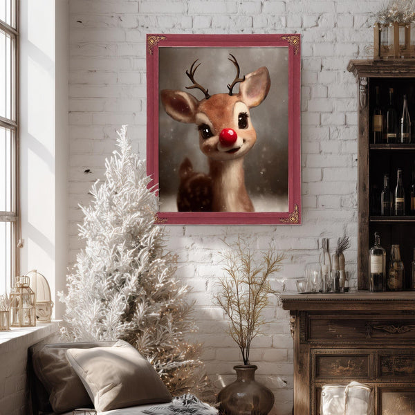 Bella Frye Rudolph Framed Wall Art – Red-Nosed Reindeer in Optional Distressed Black Ornate Frame | Vintage Christmas Decor Canvas Print