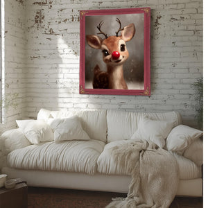 Bella Frye Rudolph Framed Wall Art – Red-Nosed Reindeer in Optional Distressed Black Ornate Frame | Vintage Christmas Decor Canvas Print