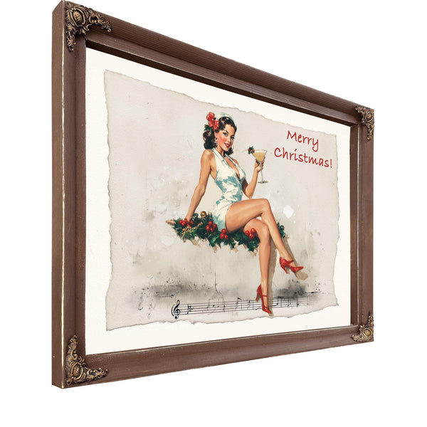 Bella Frye Vintage Christmas Pin-Up Art – Retro Martini Girl, Stretched Canvas or Ornate Frame