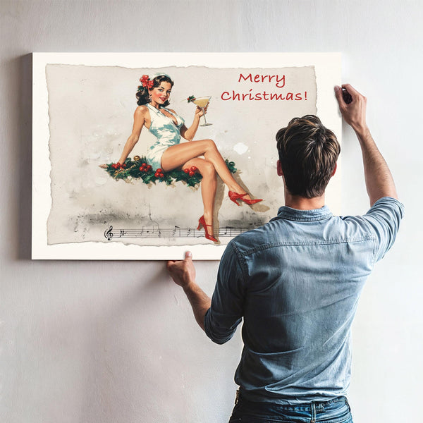 Bella Frye Vintage Christmas Pin-Up Art – Retro Martini Girl, Stretched Canvas or Ornate Frame