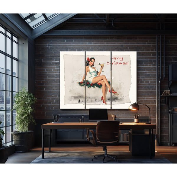 Bella Frye Vintage Christmas Pin-Up Art – Retro Martini Girl, Stretched Canvas or Ornate Frame