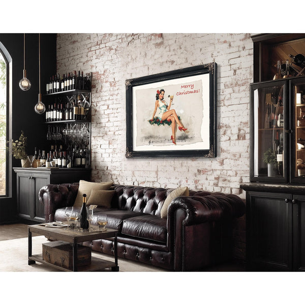 Bella Frye Vintage Christmas Pin-Up Art – Retro Martini Girl, Stretched Canvas or Ornate Frame