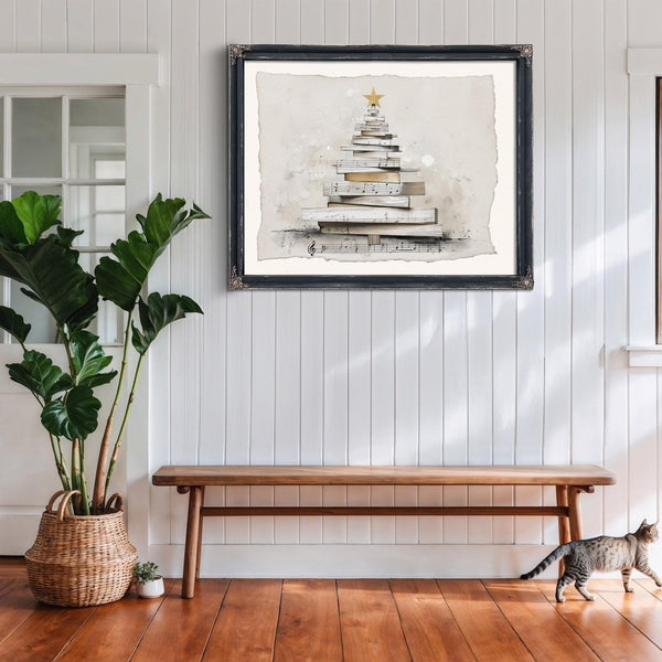 Bella Frye Minimalist Sheet Music Christmas Tree Art – Scandinavian Farmhouse Style, Optional Frame