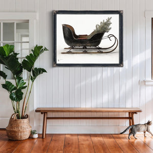 Bella Frye Vintage Black Sleigh Christmas Art – Rustic Farmhouse Winter Print