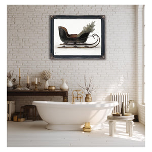 Bella Frye Vintage Black Sleigh Christmas Art – Rustic Farmhouse Winter Print