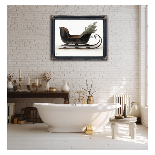 Bella Frye Vintage Black Sleigh Christmas Art – Rustic Farmhouse Winter Print