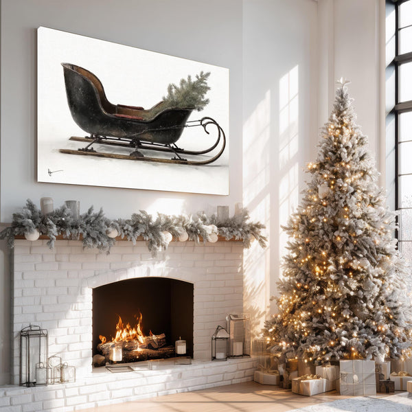 Bella Frye Vintage Black Sleigh Christmas Art – Rustic Farmhouse Winter Print