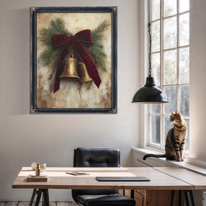 Bella Frye Vintage Christmas Bells Art – Red Velvet Bow, Black Ornate Frame