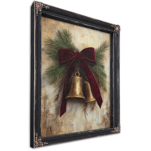 Bella Frye Vintage Christmas Bells Art – Red Velvet Bow, Black Ornate Frame