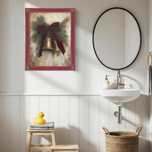 Bella Frye Vintage Christmas Bells Art – Red Velvet Bow, Black Ornate Frame