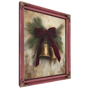 Bella Frye Vintage Christmas Bells Art – Red Velvet Bow, Black Ornate Frame