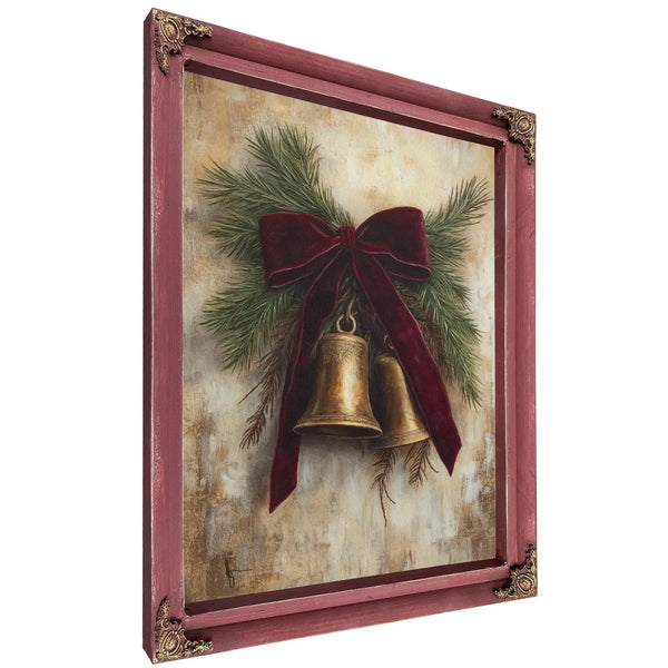 Bella Frye Vintage Christmas Bells Art – Red Velvet Bow, Black Ornate Frame