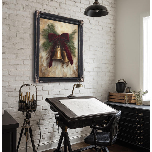 Bella Frye Vintage Christmas Bells Art – Red Velvet Bow, Black Ornate Frame